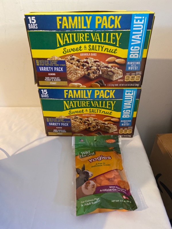 Photo 3 of 3PC LOT
Nature Valley Sweet and Salty Nut Variety Pack 15Ct : Peanut, Almond, and Dark Chocolate, Peanut and Almond Granola Bars, 2 COUNT, EXP 11/22/2021

Wild Harvest Yogies 3.5 Ounces, With Carrot Flavor, For Guinea Pigs And Adult Rabbits, EXP 07/26/202
