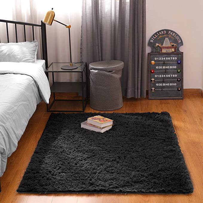 Photo 1 of BAYKA Machine Washable Fluffy Area Rug Indoor Ultra Soft Shag Area Rug for Bedroom, Non-Slip Floor Carpet 4x5.3 Feet Pitch-Black