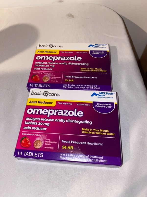 Photo 2 of 2PC LOT
Amazon Basic Care Omeprazole Delayed Release Orally Disintegrating Tablets, 20 mg, Acid Reducer, Strawberry Flavor, 14 Count, 2 COUNT, EXP 01/2022