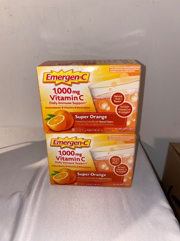 Photo 2 of 2PC LOT
Emergen-C 1000mg Vitamin C Powder, with Antioxidants, B Vitamins and Electrolytes, Vitamin C Supplements for Immune Support, Caffeine Free Fizzy Drink Mix, Super Orange Flavor - 30 Count, 2 COUNT, EXP 11/2022