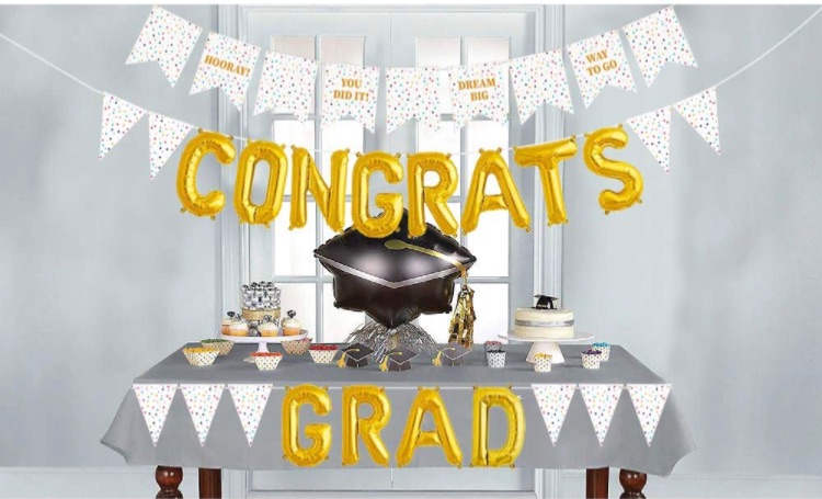 Photo 1 of 2021 Graduation Decorations White and Gold, Includes 2 Graduation Pennant Banners & Congrats Grad Balloons, Graduation Party Supplies 2021 for Any Schools or Grades