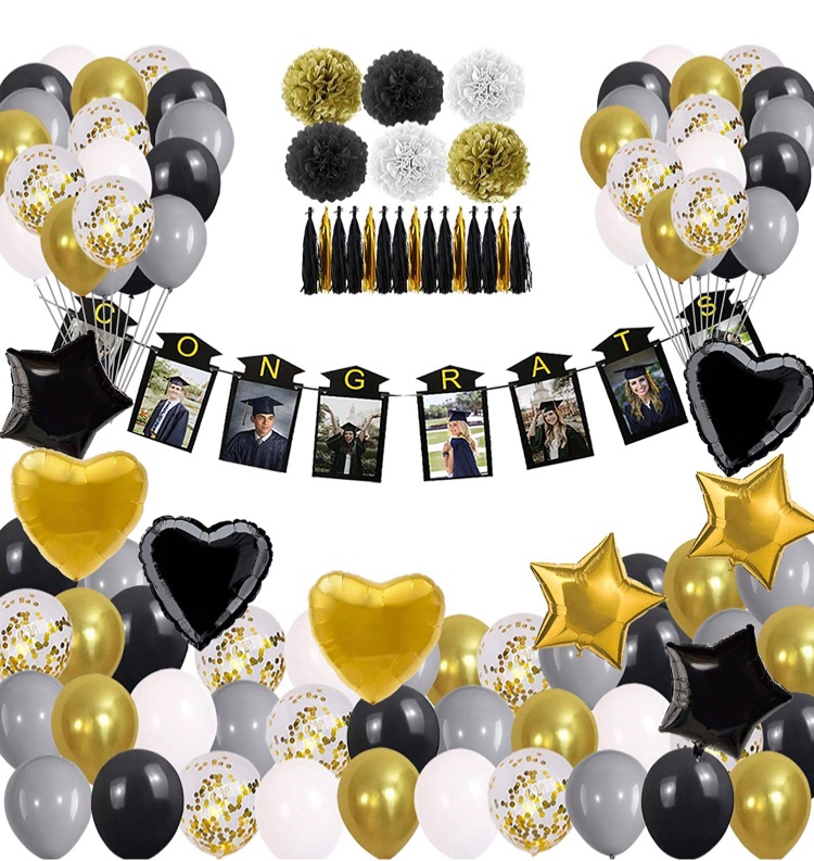 Photo 1 of 2021 Graduation Party Decoration Supplies, Black Gold Banners Balloons Photo Frame Adults Kids High School College Preschool Kindergarten Junior Class