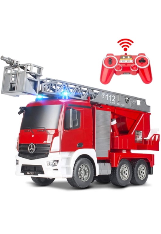 Photo 1 of DOUBLE E Benz Licensed Remote Control Fire Truck Shoots Water Extendable 18 Inch Rescue Ladder 10 Channel Fire Engine Working Sounds Lights RC Trucks for Kids