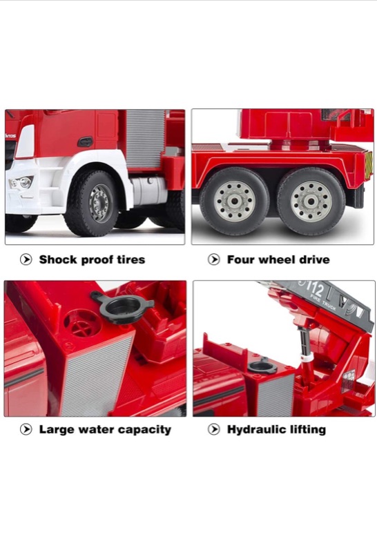 Photo 1 of DOUBLE E Benz Licensed Remote Control Fire Truck Shoots Water Extendable 18 Inch Rescue Ladder 10 Channel Fire Engine Working Sounds Lights RC Trucks for Kids