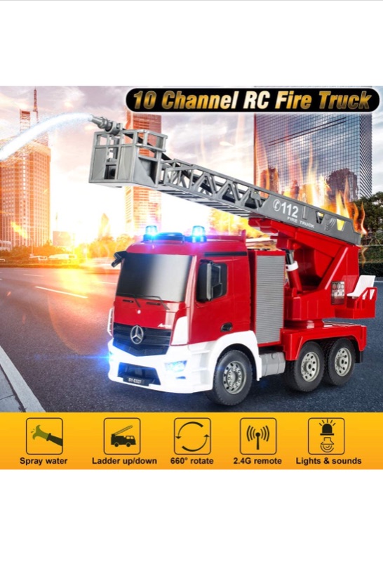 Photo 3 of DOUBLE E Benz Licensed Remote Control Fire Truck Shoots Water Extendable 18 Inch Rescue Ladder 10 Channel Fire Engine Working Sounds Lights RC Trucks for Kids