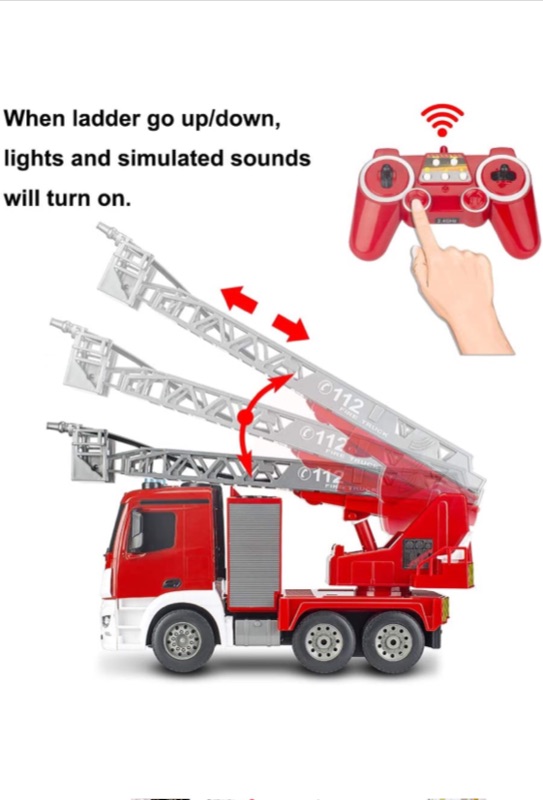 Photo 6 of DOUBLE E Benz Licensed Remote Control Fire Truck Shoots Water Extendable 18 Inch Rescue Ladder 10 Channel Fire Engine Working Sounds Lights RC Trucks for Kids