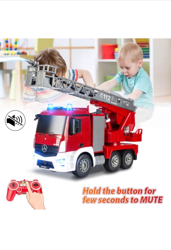 Photo 2 of DOUBLE E Benz Licensed Remote Control Fire Truck Shoots Water Extendable 18 Inch Rescue Ladder 10 Channel Fire Engine Working Sounds Lights RC Trucks for Kids