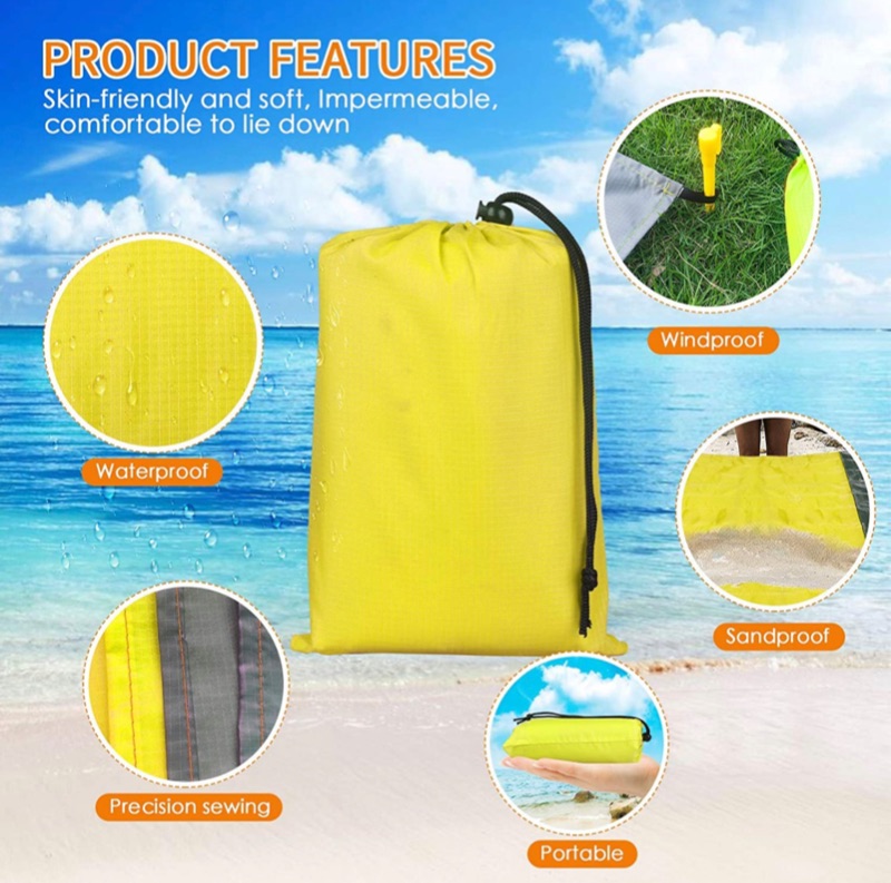 Photo 6 of Beach Blanket, 10'×9' Beach Blanket Sandproof Waterproof for 4-7 Adults, Lightweight & Durable with 4 Stakes Beach Mat, Portable Picnic Mat for Travel, Camping, Hiking - Heat Proof, Quick Drying