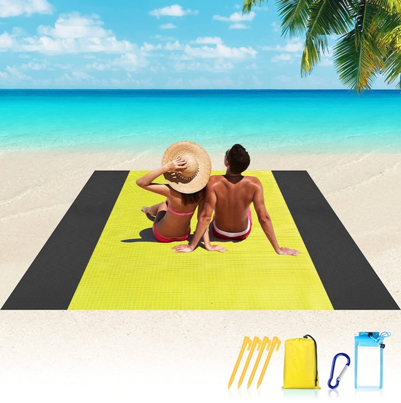 Photo 1 of Beach Blanket, 10'×9' Beach Blanket Sandproof Waterproof for 4-7 Adults, Lightweight & Durable with 4 Stakes Beach Mat, Portable Picnic Mat for Travel, Camping, Hiking - Heat Proof, Quick Drying