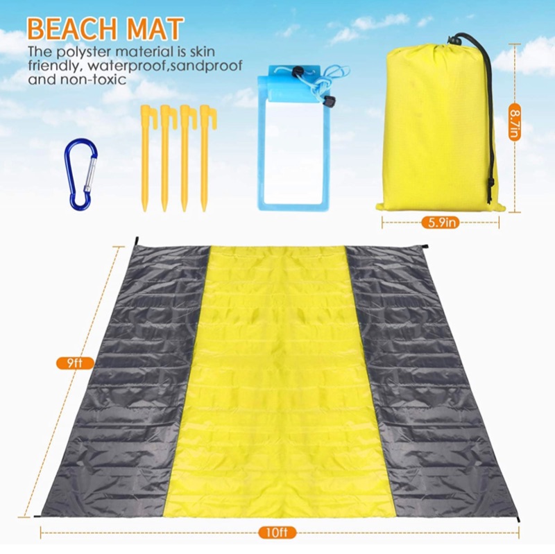 Photo 4 of Beach Blanket, 10'×9' Beach Blanket Sandproof Waterproof for 4-7 Adults, Lightweight & Durable with 4 Stakes Beach Mat, Portable Picnic Mat for Travel, Camping, Hiking - Heat Proof, Quick Drying