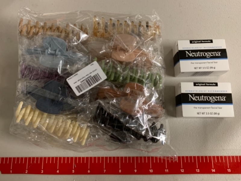 Photo 1 of Box Lot I Misc Items I Magicsky 10PCS Large Hair Claw Clips, Nonslip Matte Plastic/ Resin Hair Catch Teeth Clamp, 4.3 Inch I Neutrogena The Transparent Facial Bar I 2 Pack