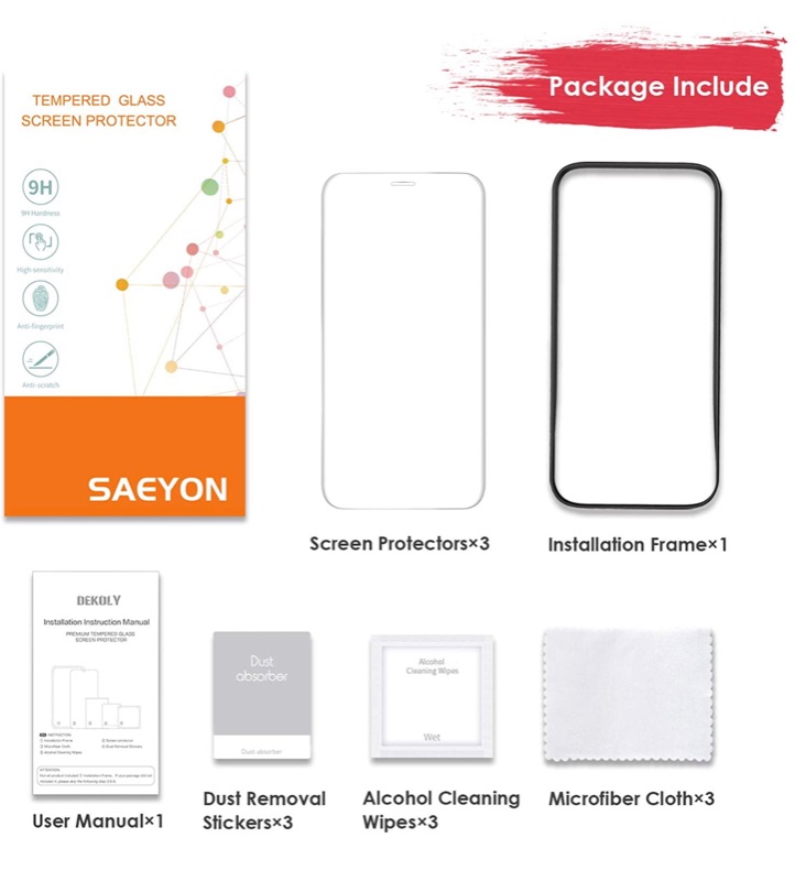 Photo 5 of 5 Packs I SAEYON [3 Pack] Screen Protector Compatible with iPhone 12 Pro Max 12 6,7 Inch, HD Clarity Full Screen Protection Tempered Glass Film Screen Protector with Installation kits, Transparent