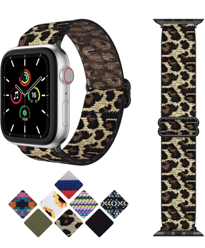 Photo 2 of Goton Adjustable Elastic Band Compatible with Apple Watch 42mm 44mm, Stretchy Sport Solo Loop Nylon Replacement Strap for iWatch SE & Series 6 5 4 3 2 1 Women Men (Leopard,42mm/44mm )

Compatible with Scrunchie Fitbit Versa 2 Bands for Women, Fitbit Versa