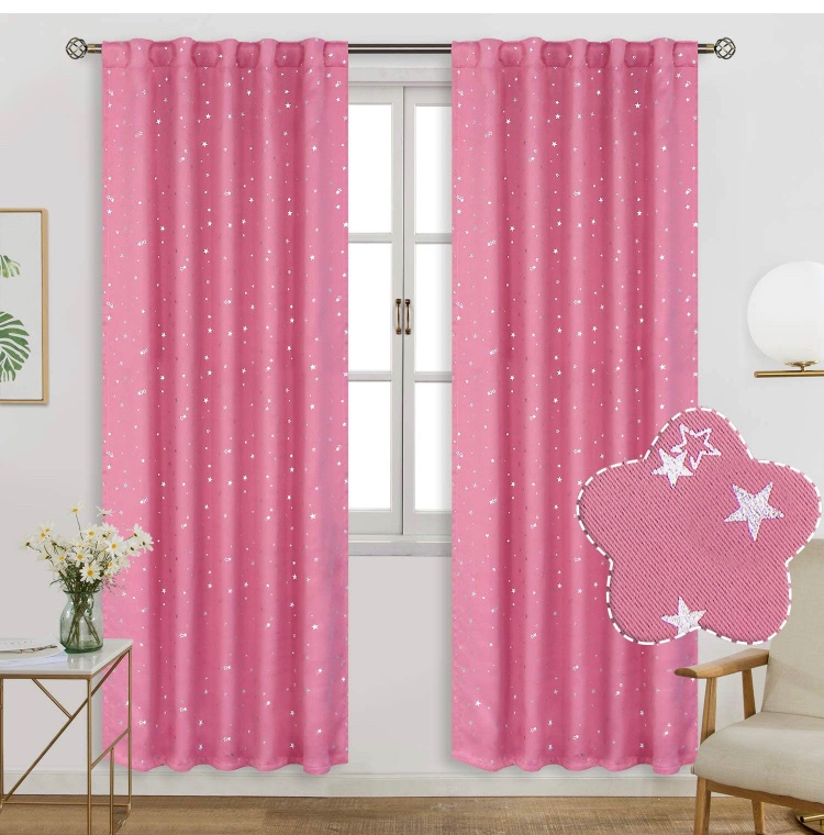 Photo 1 of BGment Rod Pocket and Back Tab Blackout Curtains for Kids Bedroom - Sparkly Star Printed Thermal Insulated Room Darkening Curtain for Nursery, 52 x 84 Inch, 2 Panels, Pink