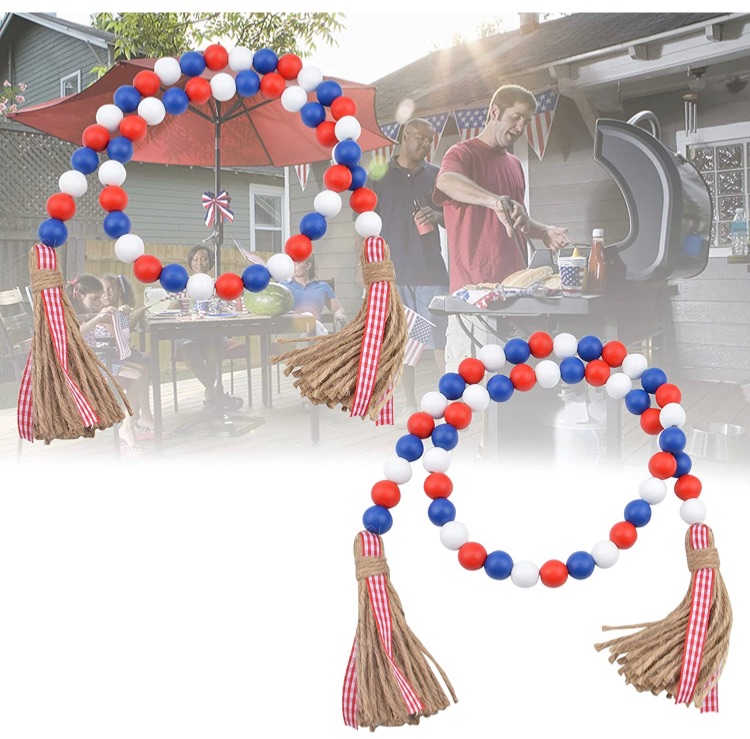 Photo 1 of 2 Pcs Patriotic Independence Day Wood Bead Garland, Wooden Beads Tassel Garland, Farmhouse Beads Wooden Beads Garland with American Flag, Home Decoration Accessories Martyr's Day Decoration