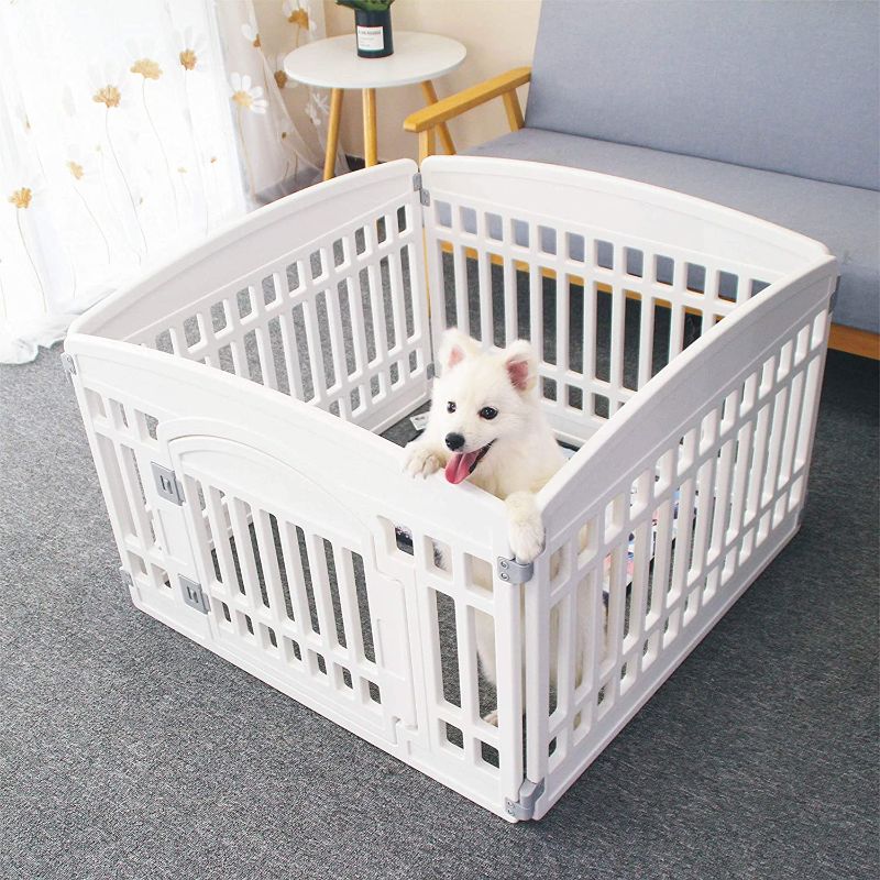 Photo 1 of Pet Playpen Foldable Gate for Dogs Heavy Plastic Puppy Exercise Pen with Door Portable Indoor Outdoor Small Pets Fence Puppies Folding Cage 4 Panels Medium Animals House Supplies (33.5x33.5 inches)

