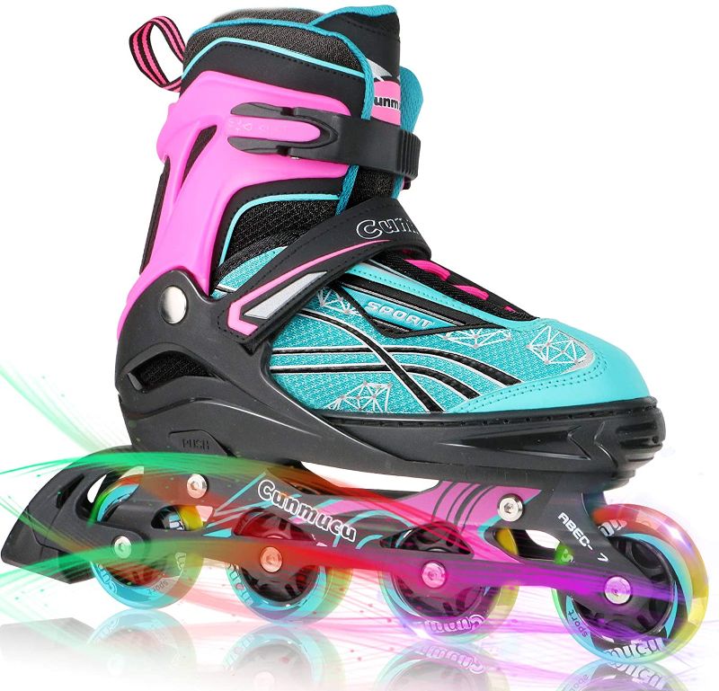 Photo 1 of Cunmucu Adjustable Roller Blades Skates for Girls Boys Kids with All Illuminating Wheels, Patines para Mujer, Outdoor Beginner Inline Skates for Women Men Adults size xl 