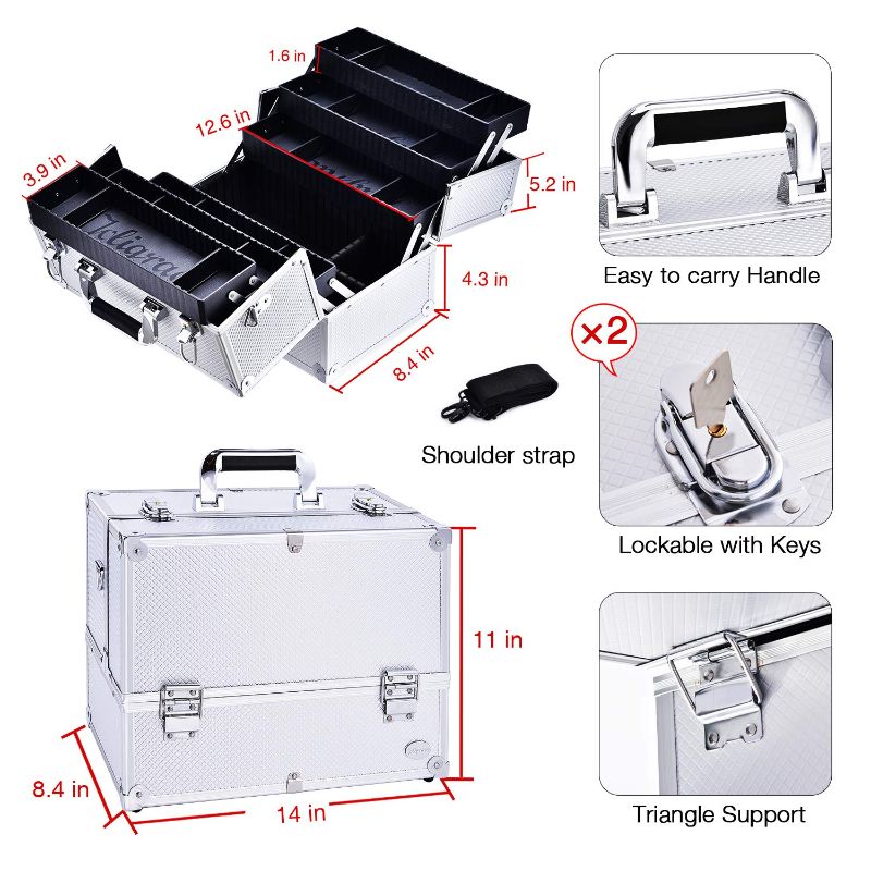 Photo 1 of 14" Makeup Train Case Large 6 Tray Professional Organizer Box - Cosmetic Make Up Carrier with Lock and Key Carrying Strap and Adjustable Dividers for Studio Artist and Stylist Silver