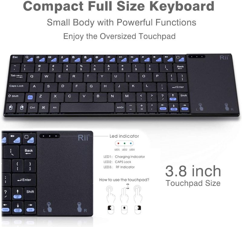 Photo 1 of Rii K12+ Mini Wireless Keyboard with Large Touchpad Mouse&Qwerty Keypad, Stainless Steel Portable Wireless Keyboard with USB Receiver for MacBook/iPad/Tablet/PC/Laptop/Smart TV/Raspberry Pi - Black
