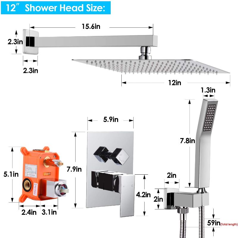 Photo 1 of 12 Inches Shower Set with Rain Shower Head Handheld Wall Mounted,Brass Pressure Balancing Shower Faucet Valve,Shower System, Chrome,HGN
