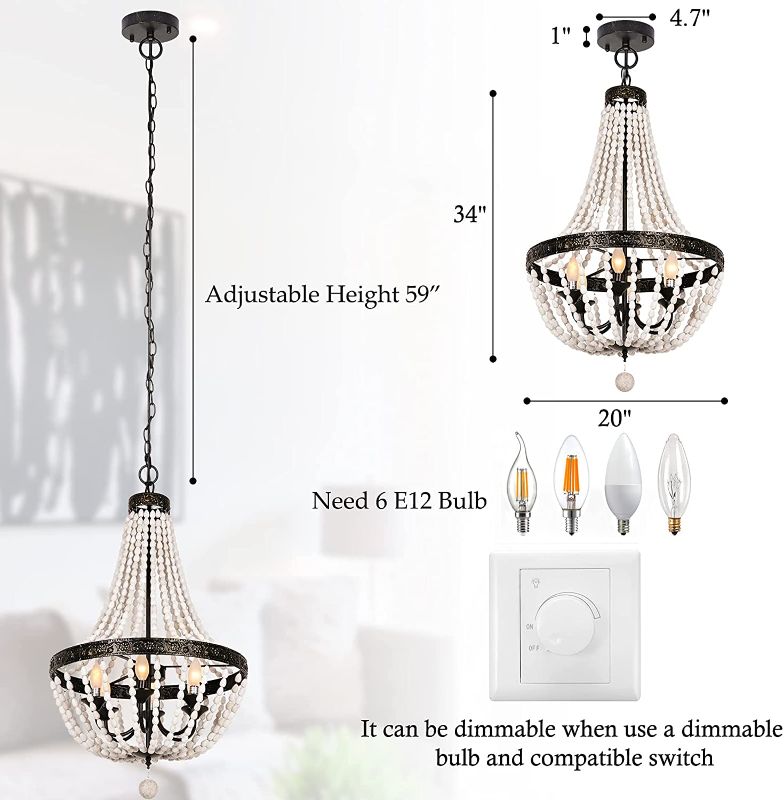 Photo 2 of ANKARL Boho Pendant Light, Wood Beaded Chandelier, 6-Light, Farmhouse Light Fixtures, Rustic Ceiling Hanging Light for Bedroom, Living Room, Dining Room, Kitchen, Hallway Decor, 20"
