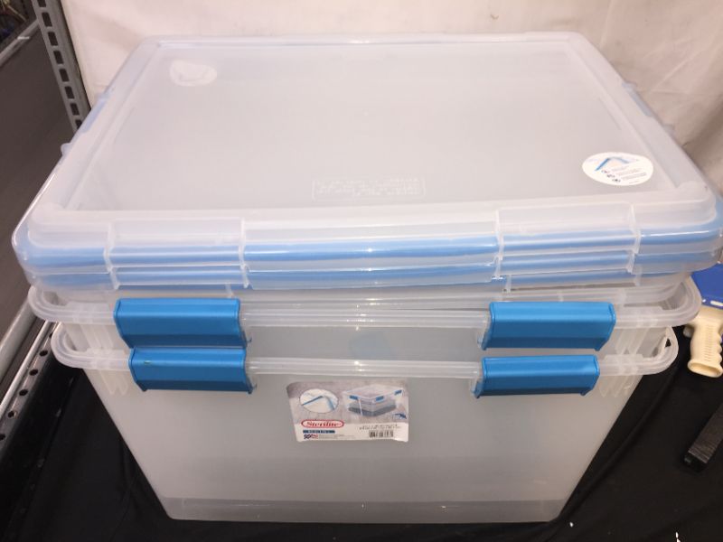 Photo 2 of Sterilite 19384304 80 Quart/76 Liter Gasket Box, Clear Lid & Base w/ Blue Aquarium Latches & Gasket, 3-Pack
