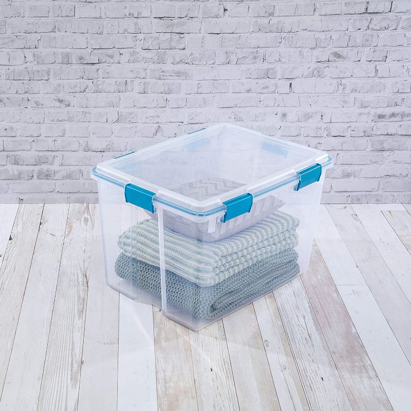 Photo 1 of Sterilite 19384304 80 Quart/76 Liter Gasket Box, Clear Lid & Base w/ Blue Aquarium Latches & Gasket, 3-Pack
