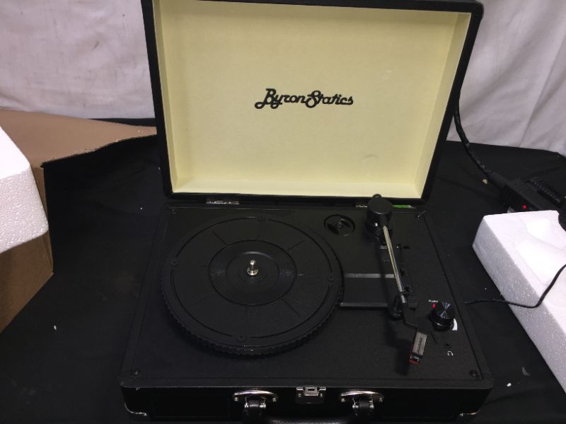 Photo 2 of Byron Statics Record Player, Vinyl Turntable Records Player Bluetooth 5.0, Built in Stereo Speakers, 3 Speed, Extra Stylus, Supports RCA Line Out, AUX in, Portable Suitcase Record Player - Black
