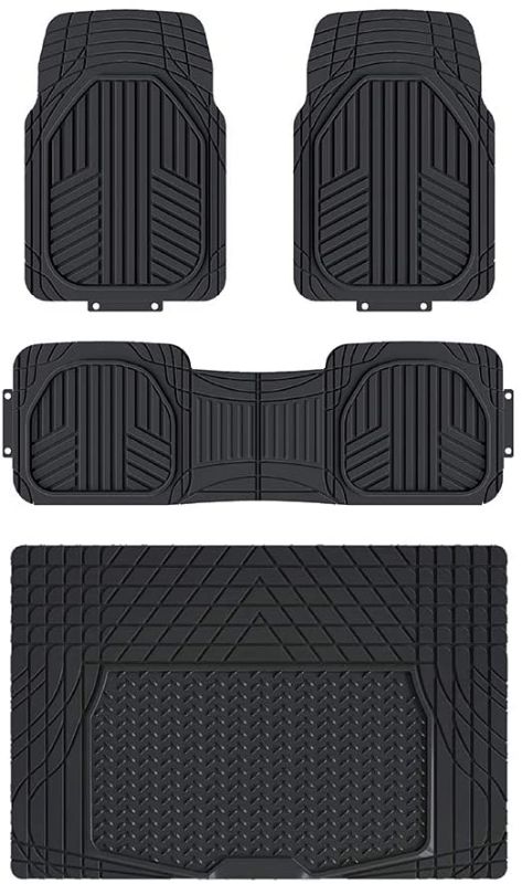 Photo 1 of Amazon Basics 4-Piece All-Season Odorless Thick Heavy Duty Rubber Floor Mat Set with Cargo Liner for Cars, SUVs, and Trucks
