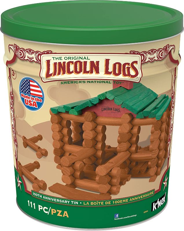 Photo 1 of Lincoln Logs –100th Anniversary Tin-111 Pieces-Real Wood Logs-Ages 3+ - Best Retro Building Gift Set for Boys/Girls - Creative Construction Engineering – Top Blocks Game Kit - Preschool Education Toy, Brown (854)
