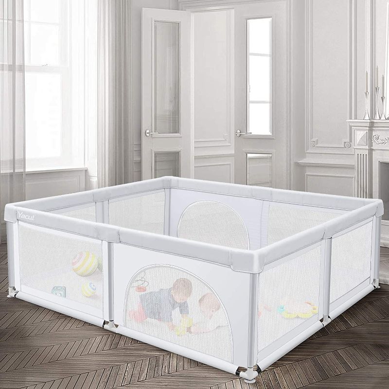 Photo 1 of Baby Playpen for Toddler, Yacul Extra Large Baby Playard, Infant Safety Activity Center, Sturdy Babies Playpen with Anti-Slip Suckers, Breathable Mesh Light Grey 70.9"x59.1" (29 sq. Ft)
