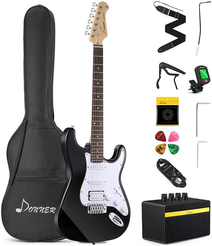 Photo 1 of Donner DST-102B 39 Inch Electric Guitar Beginner Kit Solid Body Full Size Black HSS for Starter, with Amplifier, Bag, Digital Tuner, Capo, Strap, String,Cable, Picks
