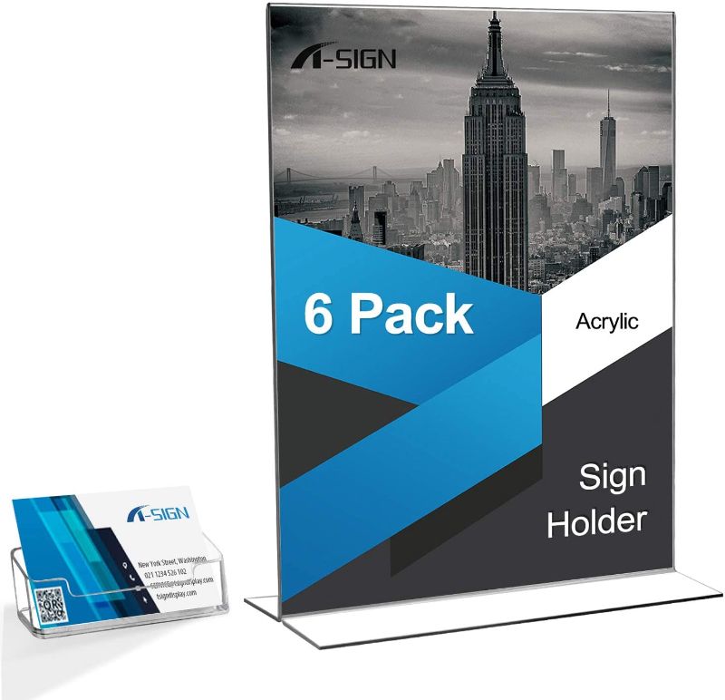 Photo 1 of T-SIGN Acrylic Sign Holder 8.5 x 11 Inch T Shaped - Table Top Double-Sided Clear Display Menu Stand - Classic ImageStand Up Bottom Load Ad Photo Frame 6 Pack for Restaurants, Office