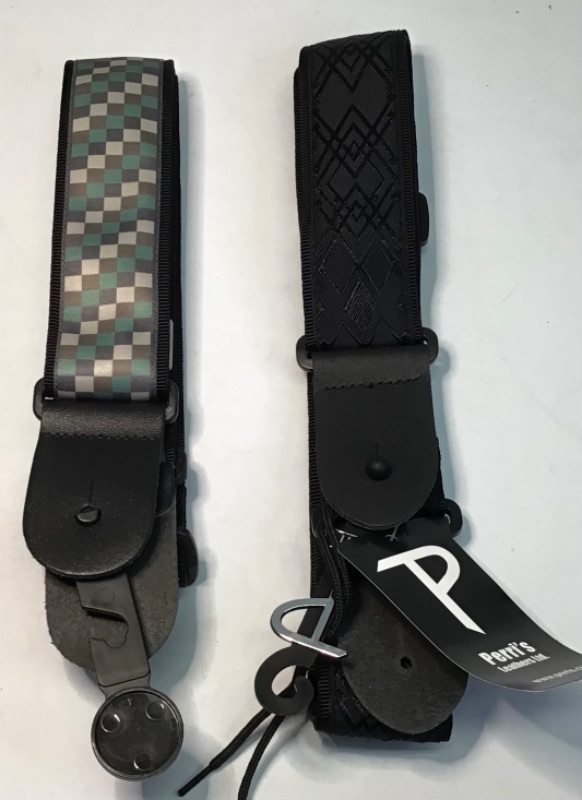 Photo 1 of 2 Guitar Straps- 1) Black by Perri's 2) Checkerboard Green, Brown and Beige