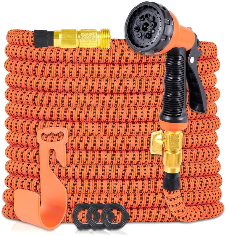 Photo 1 of 25 ft Expandable Hose with Sprayer and Hose Mount- Color Orange 
Garden Hose Expandable Flexible Hose , Expanding Water Hose Kit Collapsible with 10 Function Spray Nozzle, Durable Strong Hose Fabric-Multi Latex Core, No Kink Tangle