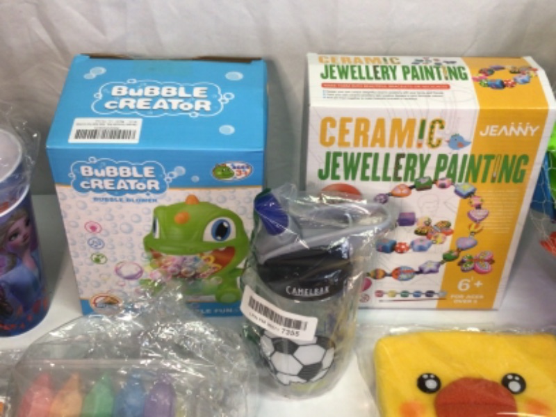 Photo 9 of Bundle of Toys/Items for Girls and Boys- Ceramic Jewelry Painting Kit, Bubble Creator, Sandox Toys, 2 Frozen Themed Drinking Glasses, Stickers, Sidewalk Chalk, Dinosaur Puzzle,  Fluffy Diary, Oil Painting Kit, Book A Little Spot of Love, Sunglasses, Perfe