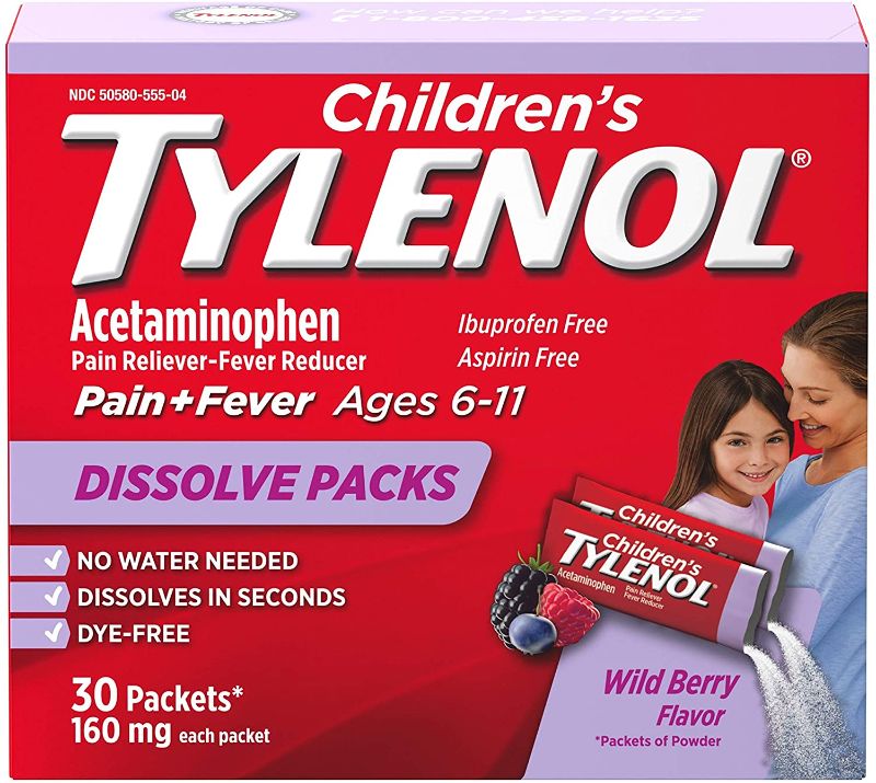 Photo 1 of 3 boxes-Children's Tylenol Dissolve Powder Packets with 160 mg Acetaminophen, Wild Berry, 30 ct