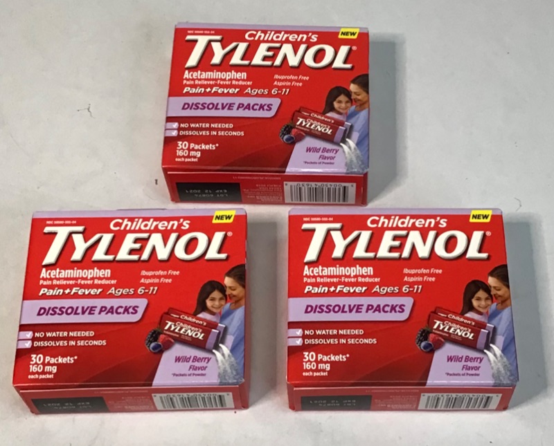 Photo 3 of 3 boxes-Children's Tylenol Dissolve Powder Packets with 160 mg Acetaminophen, Wild Berry, 30 ct