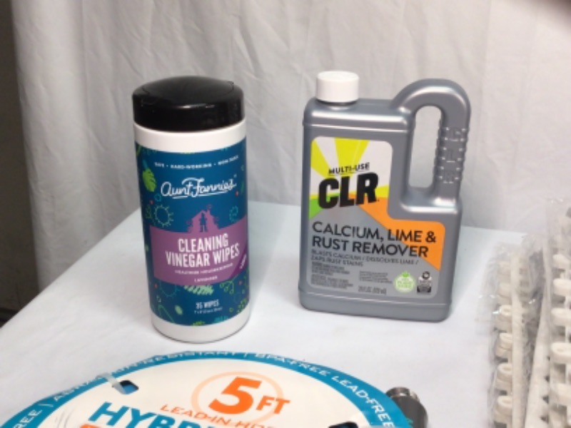 Photo 5 of Assorted Home Items- Cleaning Vinegar Wipes, CLR Calcium Remover, Modular Floor Mat 12  x12 Plastic Pieces Gray and White, Nitrile Gloves, 5 ft Lead In Blue Hose, 2 Flag Mounts, Spray Faucet to Attach to Inside Faucets