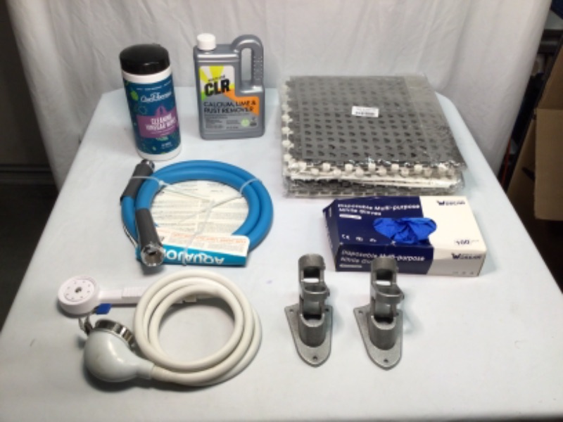 Photo 1 of Assorted Home Items- Cleaning Vinegar Wipes, CLR Calcium Remover, Modular Floor Mat 12  x12 Plastic Pieces Gray and White, Nitrile Gloves, 5 ft Lead In Blue Hose, 2 Flag Mounts, Spray Faucet to Attach to Inside Faucets