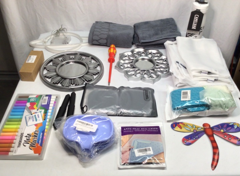 Photo 1 of Assorted Home Items Bundle- 1) 2 Bath Hand Towels 2) Soap Dishes 4 Total Lavender 3) Laundry Bags-10 Pack  4) Screwdriver 5) Toilet Paper Rolls Holder 6) Anti Slip Rug Grips 7) Silicone Back Scrubber 8) Metal DragonFly Decorative Wall Hanging 9) 2 Decorat