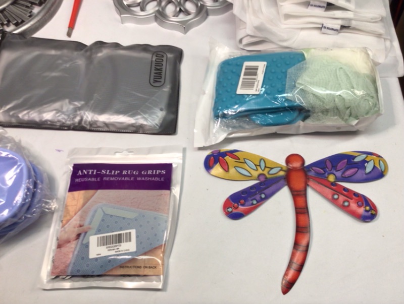 Photo 3 of Assorted Home Items Bundle- 1) 2 Bath Hand Towels 2) Soap Dishes 4 Total Lavender 3) Laundry Bags-10 Pack  4) Screwdriver 5) Toilet Paper Rolls Holder 6) Anti Slip Rug Grips 7) Silicone Back Scrubber 8) Metal DragonFly Decorative Wall Hanging 9) 2 Decorat