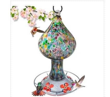 Photo 2 of Grateful Gnome - Hummingbird Feeder - Hand Blown Glass - Purple Speckled Mushroom- 26 Fluid Ounces Free Bonus Accessories S-Hook, Ant Moat, Brush and Hemp Rope Include