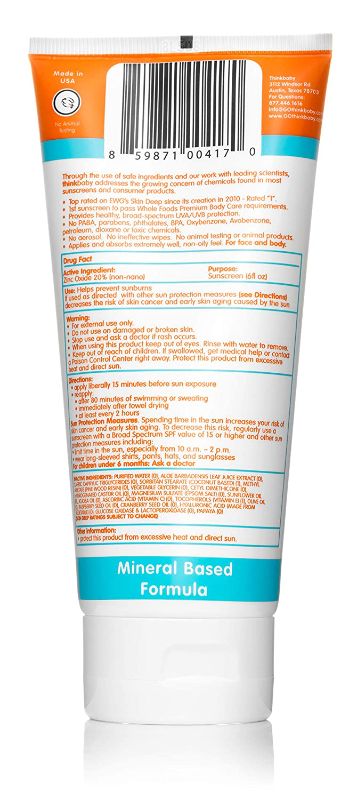 Photo 2 of Baby Sunscreen Natural Sunblock from Thinkbaby, Safe, Water Resistant Sunscreen - SPF 50+ (6 ounce)