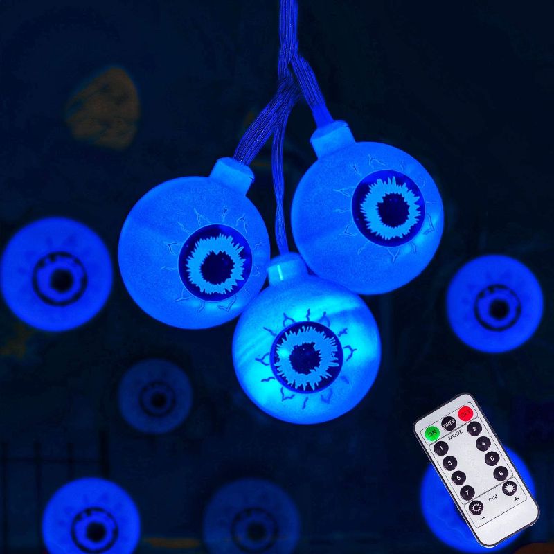 Photo 1 of Halloween Decorations String Lights, 30 LED 16.4 ft. Waterproof Cute Eyeball LED Holiday Lights for Outdoor Decor, 8 Modes Steady/Flickering Lights (Blue)