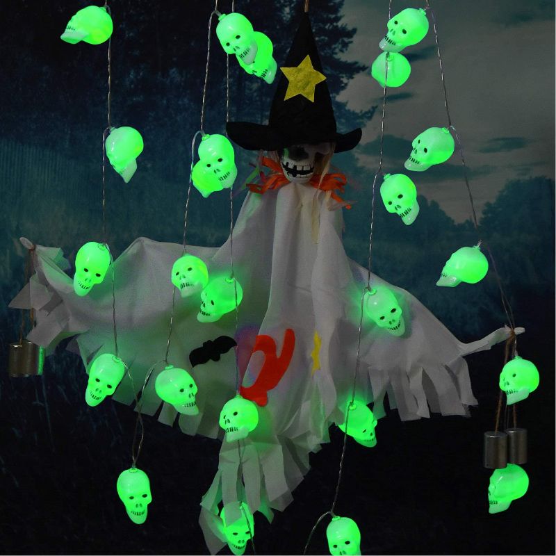 Photo 4 of LUMINATERY Halloween Skull Lantern String Lights, 30LED 8 Lighting Modes, Remote Control, Memory Function, Battery-Powered, Perfect for Indoor Outdoor Halloween Decoration (Green-1)