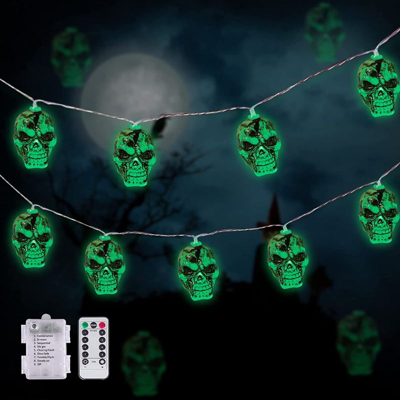 Photo 2 of LUMINATERY Halloween Decorations,3D Skull String Lights, 30 LED Lights for Indoor Outdoor Decoration (Green)