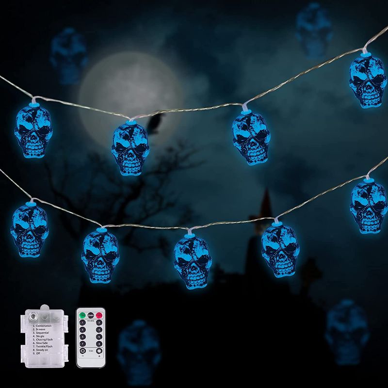 Photo 1 of LUMINATERY Halloween Decorations,3D Skull String Lights, 30 LED Lights for Indoor Outdoor Decoration (Blue)