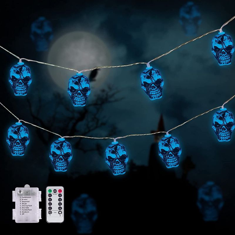 Photo 3 of LUMINATERY Halloween Decorations,3D Skull String Lights, 30 LED Lights for Indoor Outdoor Decoration (Green)