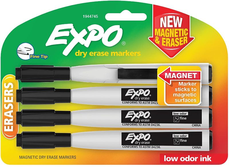 Photo 1 of 2 Pack-EXPO 1944745 Magnetic Dry Erase Markers with Eraser, Fine Tip, Black, 4-Count